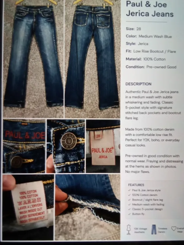 Paul & Joe Jerica Medium Wash Boot Cut Low Rise Cotton Womens 28 - Image 2
