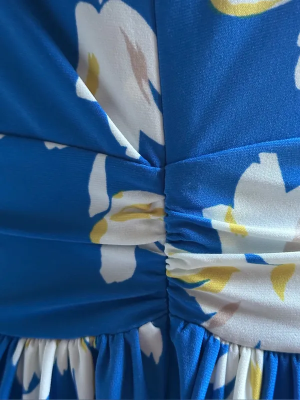 TOMMY HILFIGER Blue & White Floral Draped Midi 3/4th Sleeves Dress Sz 12 - Image 6