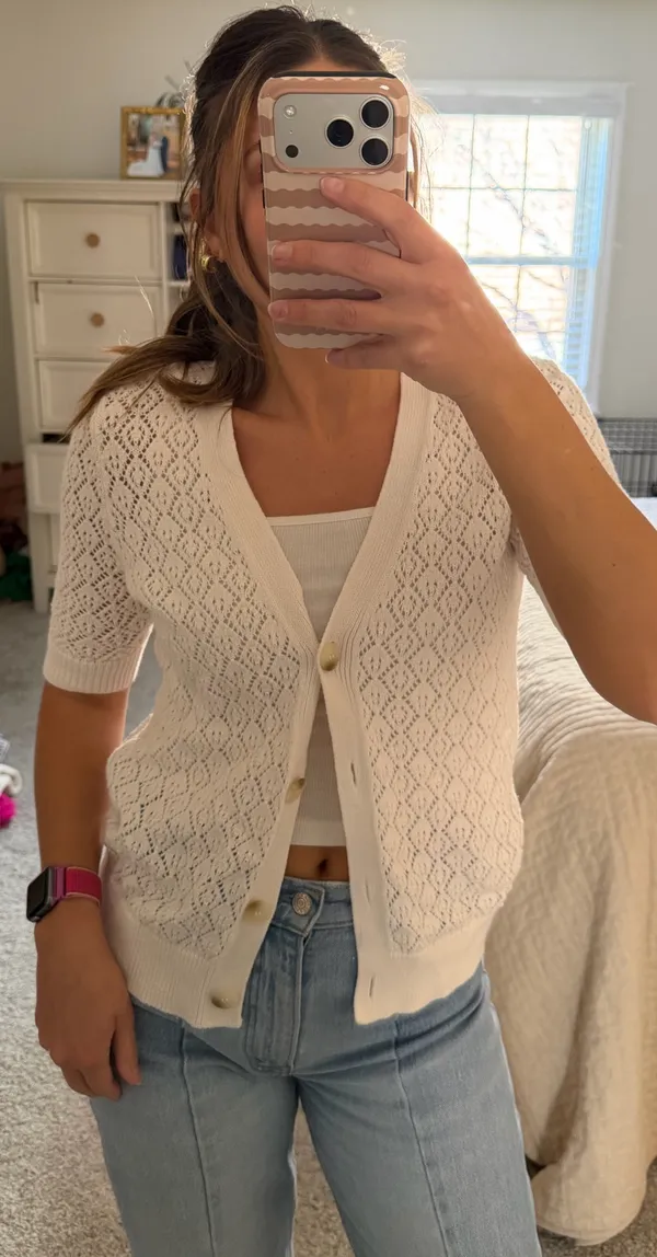 Loft White short sleeve knit button up top - Image 3