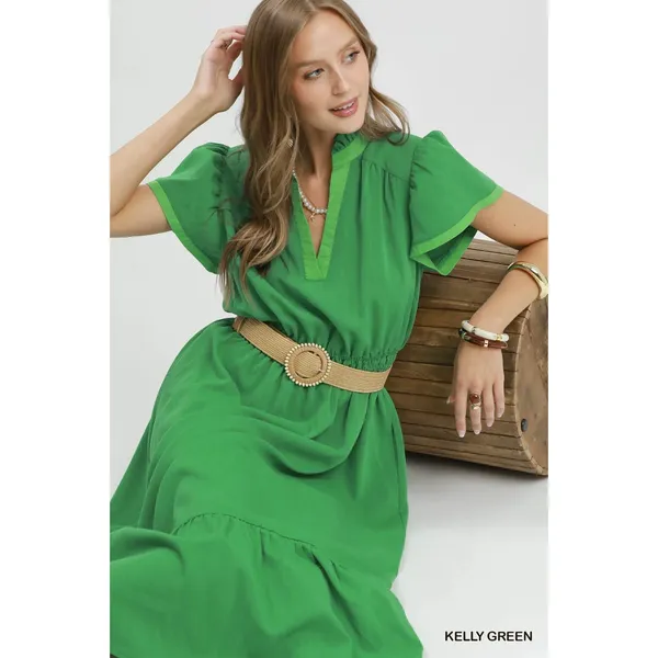 Umgee Contrast Trim‎ Midi Dress with Tiered Ruffle Hem - Kelly Green - Medium - Image 6