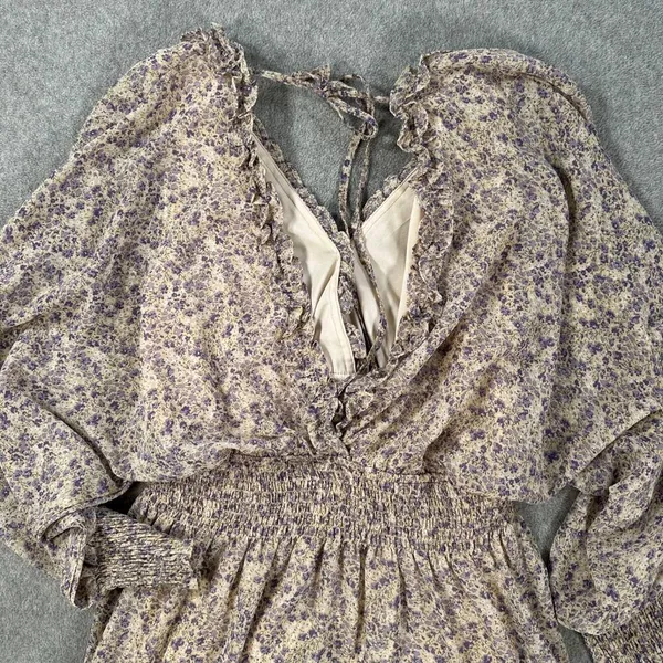 Love ya Bunches Floral V-Neck Long Sleeve Mini Dress Size Medium Ruffle Purple - Image 10