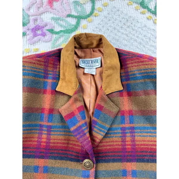 Eagle River Traders Multi Color Plaid Wool Blend Blazer Jacket Suede Trim BR 500 - Image 5