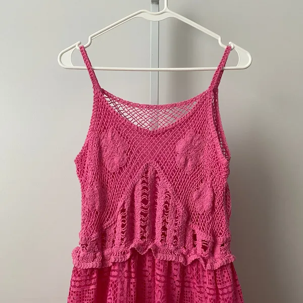 Fairy Cotton Boho Beachy Crochet‎ Eyelet Tiered Midi Dress Pink - Image 2