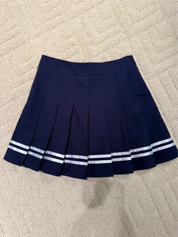 Navy Pleated Mini Skirt White Stripe Y2K Preppy Size XS - Image 3
