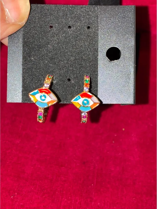 Colorful Enamel Evil Eye Gold Hoop Earrings with Rainbow Crystals - Image 3
