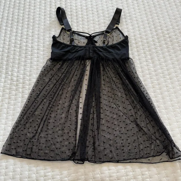 Venus Black Polka Dot Mesh Lace Lingerie Babydoll Slip Sheer Nightie Sz S Small - Image 10