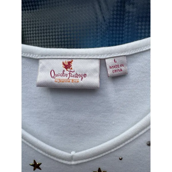 Women's V-Neck Quacker Factory SZ L White Embellished Star Rhinestones Gold Silv - Image 6
