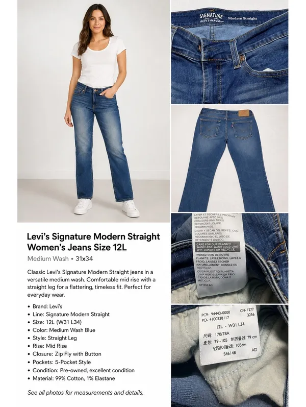 Levi’s Signature Modern Straight Women’s Jeans Size 12L W31 L34 Medium Wash - Image 2