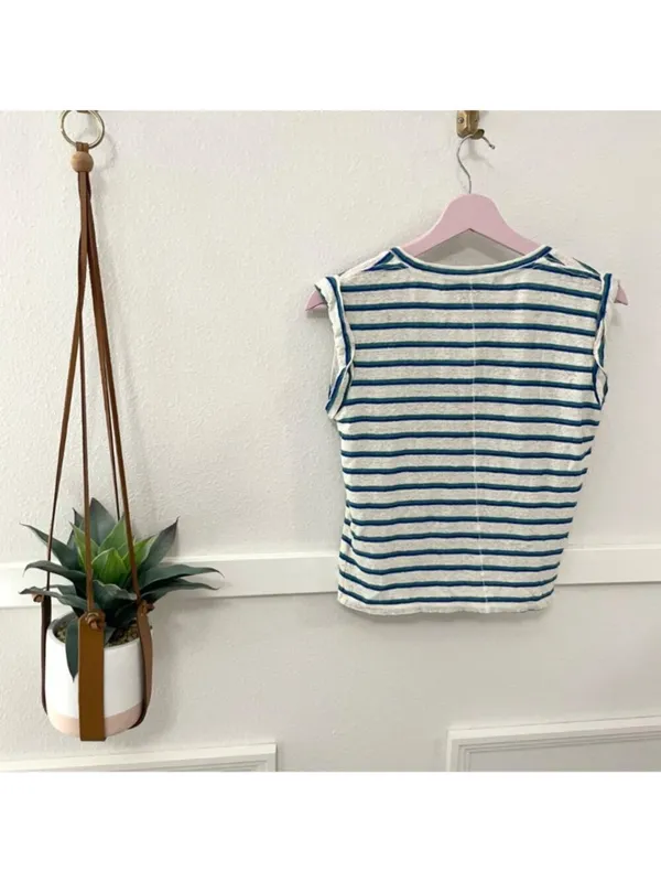 Veronica Beard Arion Linen Muscle Tank Blue Stripe S Coastal Preppy Nautical - Image 9