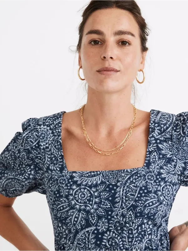 Madewell Poplin Puff-Sleeve Tiered Babydoll Dress in Paisley Garden Navy Size 10 - Image 4