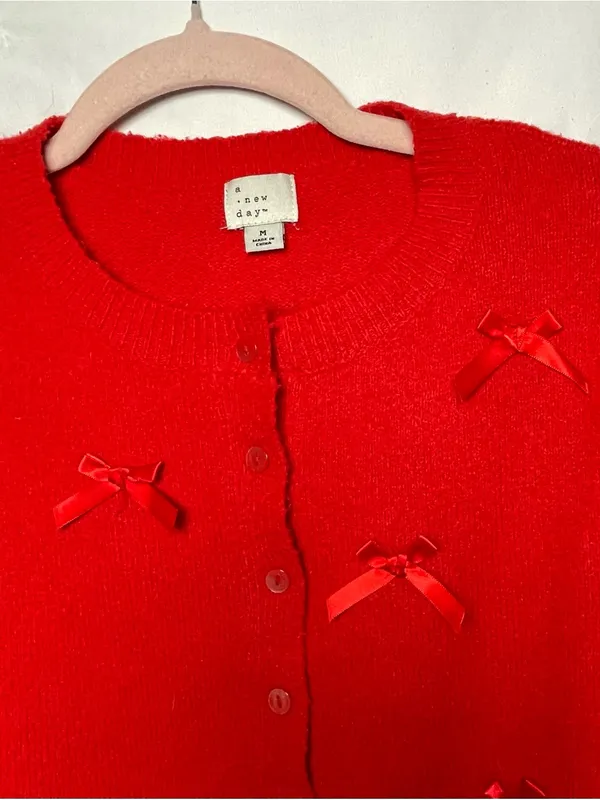 A New Day Y2K Red Bow Embellished Cardigan Sweater Button Front Coquette Cottagecore - Image 3