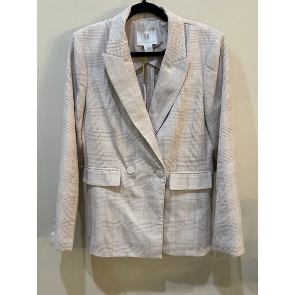 House of Harlow 1960 Plaid Cream & Tan Blazer Double Breasted Size Medium 90's - Image 3