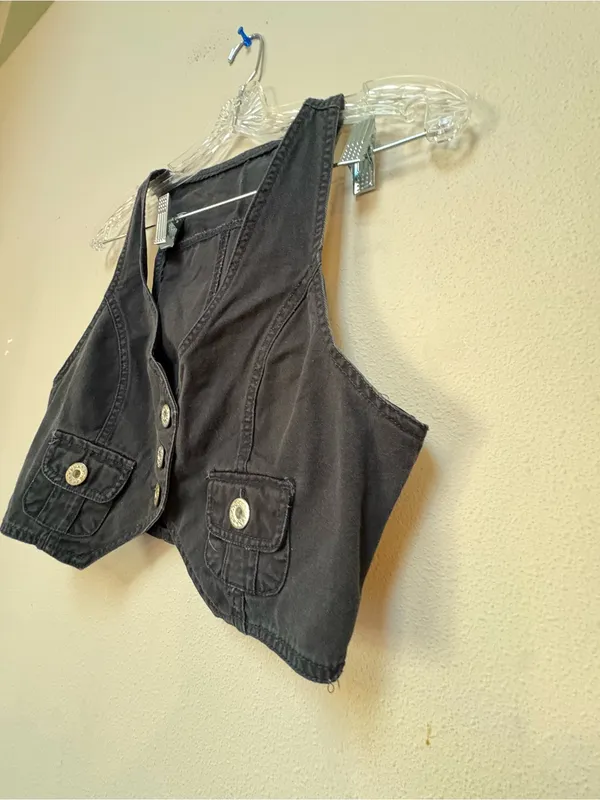 Y2K Style Washed Black Military Vest Medium Cropped Gold Button Utility - Image 3