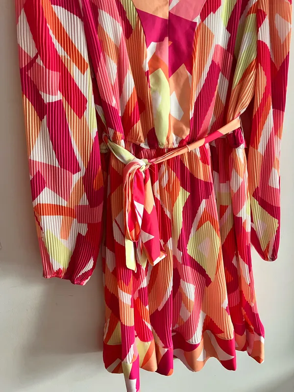 Nicole Miller NY Pleated Mini Dress Size L Multicolor Abstract V-Neck - Image 8