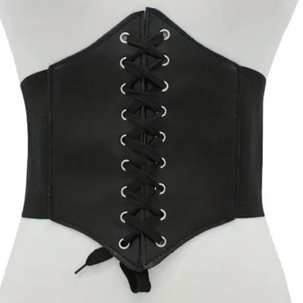 Plus‎ Size Black Vintage Style Lace Up Faux Leather Elastic Back Closure - Image 9