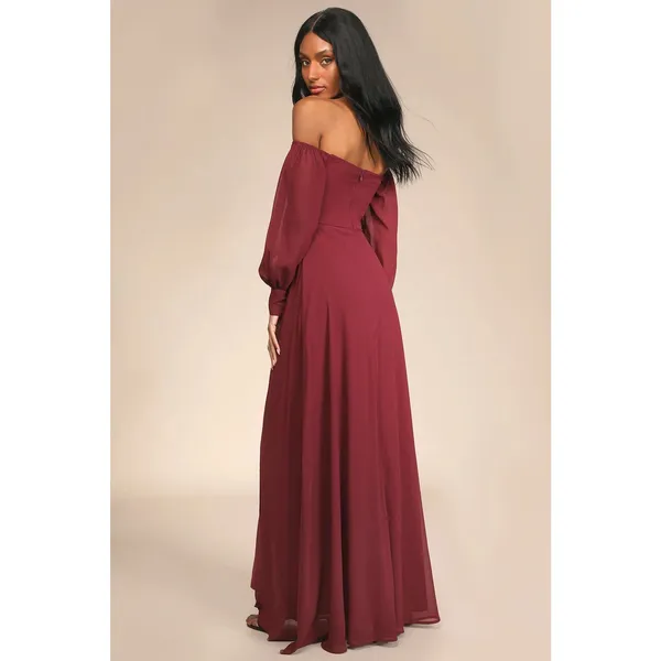 NWOT Lulu's Feel the Romance Burgundy Off-the-Shoulder Maxi Dress Women's Small - Image 2