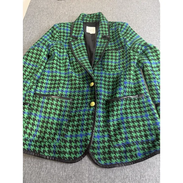 Avec Les Filles Women Houndstooth Leather Trim Blazer Jacket L Chic Plaid 70s - Image 2