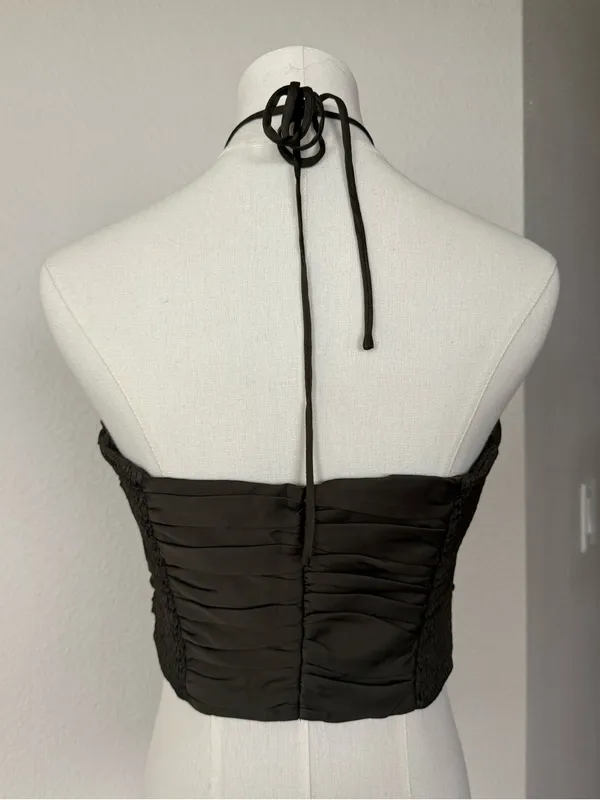 Zara Satin Effect Draped Halter Cropped Top in Dark Khaki Medium - Image 2
