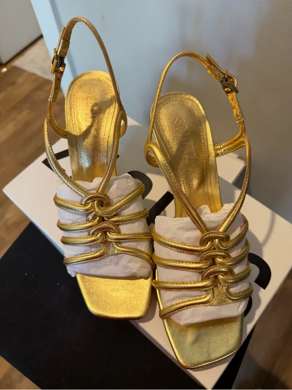 SCHUTZ Octavia Mid Calf Leather Metallic Gold Multi-Strap Slingback Heels 8 - Image 3