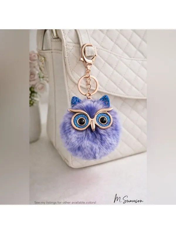NEW Fluffy Owl Pom Keychain Bag Charm – Frosted Blue, White & Gold | NWT - Image 2