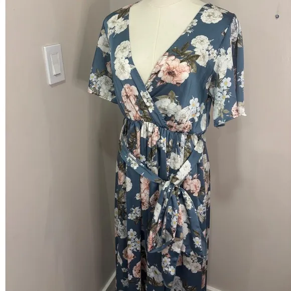 Baltic Born Dusty Blue Floral Maxi Dress V-Neck Flutter Sleeve Wedding Guest M - Image 8