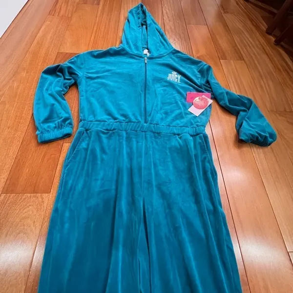 NWT Juicy By Juicy Couture Jumpsuit peacock Velour‎ Hooded Long Sleeve Zip Up L - Image 7