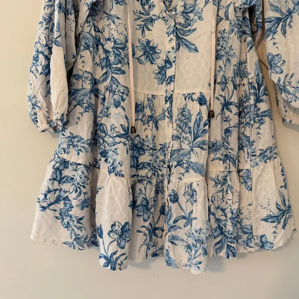 Free People Blue Floral Ruffle‎ Tiered Bib Mini Dress Long Sleeve Cotton Size XS - Image 2