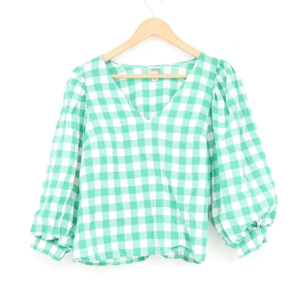 A New Day Green Gingham V-Neck Puff Sleeve Blouse Top S Mint White Check - Image 2