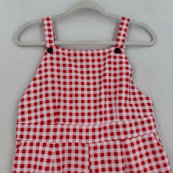 Red Pink Gingham Wide Leg Overall Jumpsuit Women L Button Hem Cottagecore Picnic - Image 3