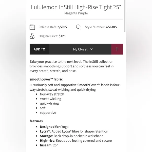 Lululemon InStill High Rise 25” Tights Leggings Magenta Purple Size 10 - Image 4