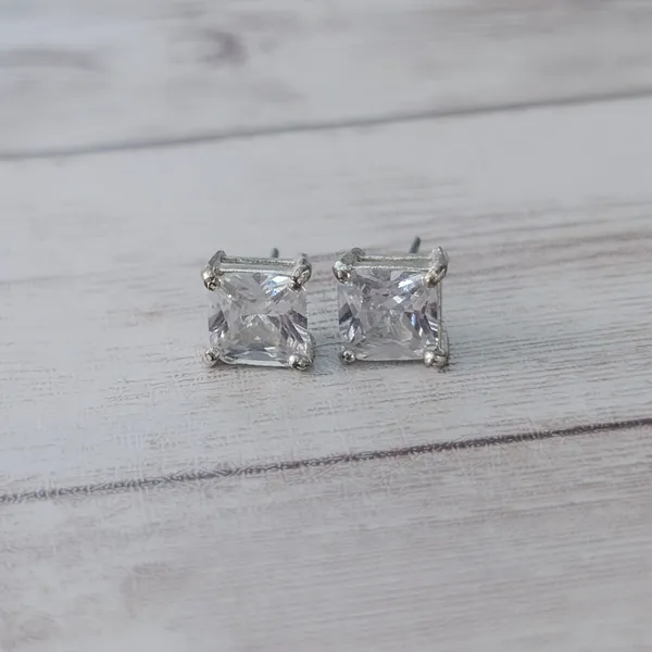 Vintage Stud Earrings Clear Square Gem 3/8" Silver - Image 2