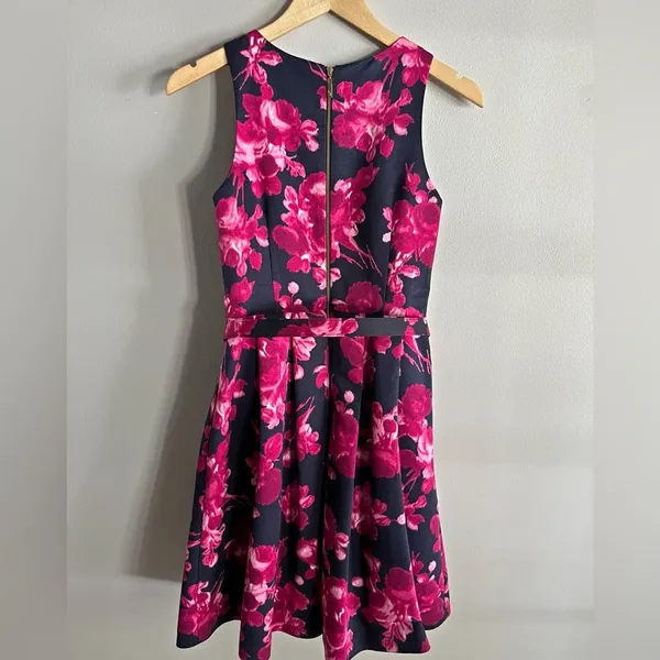 Eliza J Floral Fit & Flare Dress Navy Pink Belted Sleeveless Size 4 - Image 8