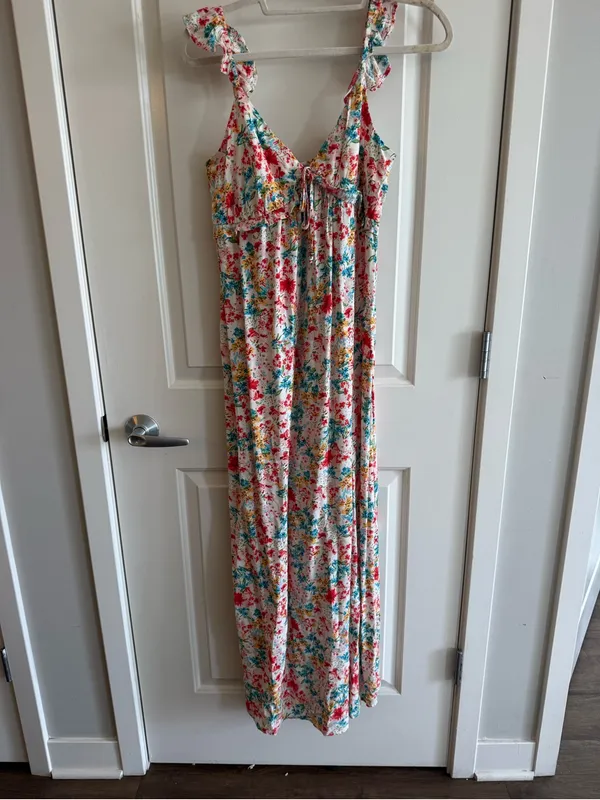 BeBop Floral Maxi Dress in Ivory with Pink & Green Print - Image 2