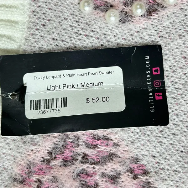 Glitz‎ & Ears Sweater Womens M Pink Cream Fuzzy Leopard Heart Pearl Sweater NEW - Image 5