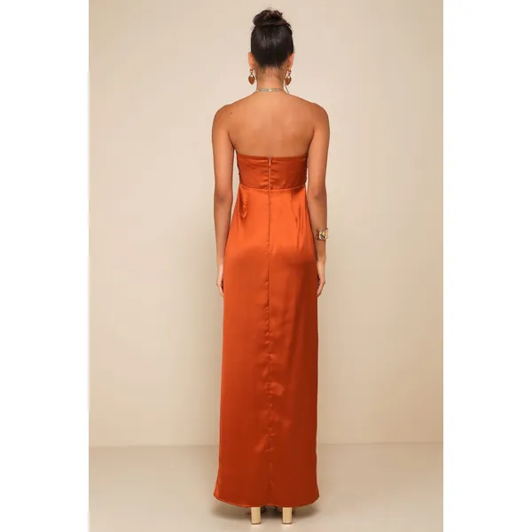 NWT Lulus Memorable Entrance Rust Orange Strapless Satin Maxi Dress Bridesmaid M - Image 3