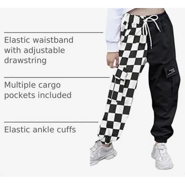 Sangtree Womens Drawstring Cargo Jogger Pants Checkered Women’s L Black Size L - Image 4
