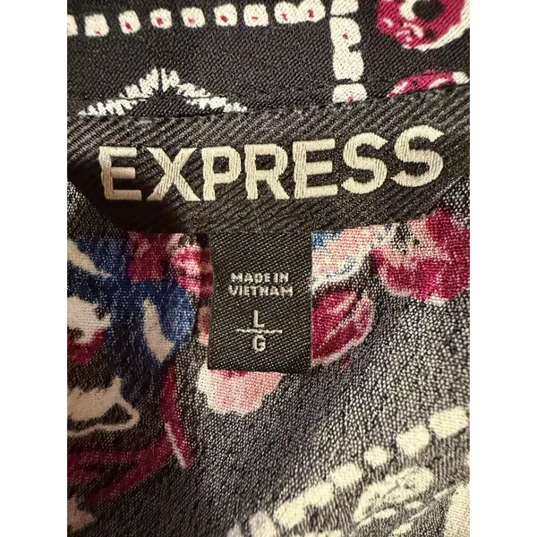EXPRESS Rayon Long Sleeve Dress Keyhole Front Back Floral Black Purple Pink L - Image 6