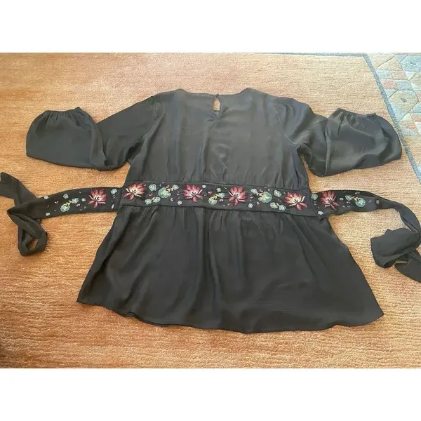 Oddy Embroidered Waist Tie Cupro Blend Black Women Long Sleeve Blouse Xl - Image 7
