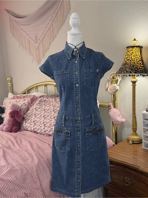 Y2K Tommy Hilfiger Classic Dark Blue Denim Shirt-Dress for Women - Image 4