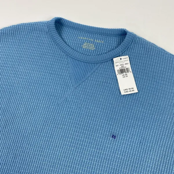 American Eagle‎ Shirt Womens XS Blue Waffle Knit Thermal Crewneck Long Sleeve - Image 2