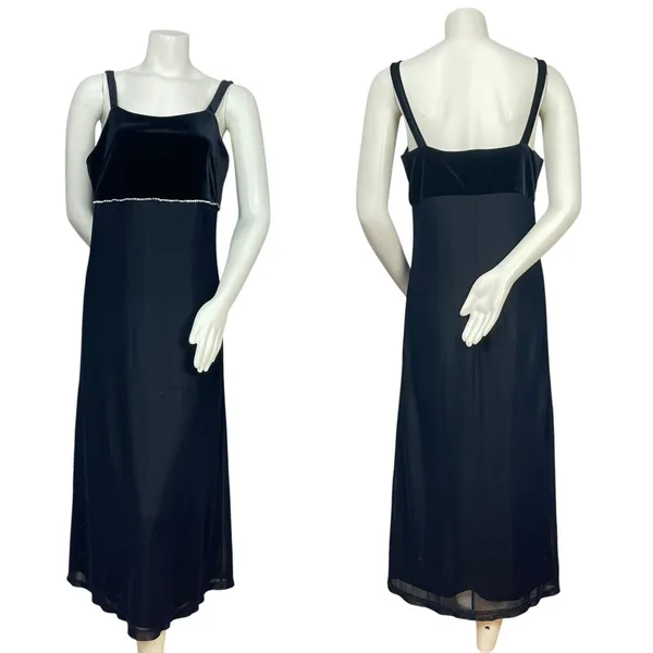 Vintage 90s Prom Dress Velvet FLAWS Empire Waist Sparkly Mesh Evening Blue Black - Image 2
