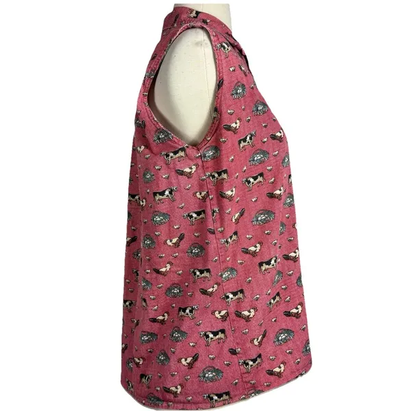 Country Chic Sleeveless Button Up Farm Print Vtg Cotton Cows Chicken Red - Image 6