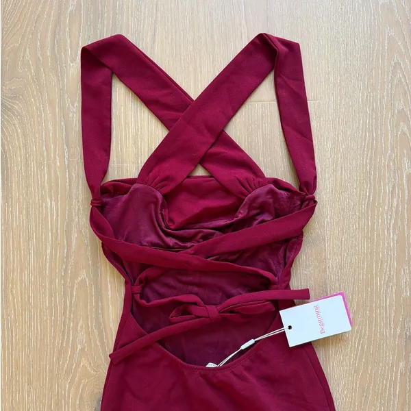 Beginning Boutique Maxi Dress Crepe Tie Back Beverley Size US2 Wine Dark Red - Image 4