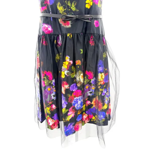 Milly Natalie Floral Cocktail‎ Dress Black Multi Tulle Skirt Bow Belt 10 NEW - Image 2