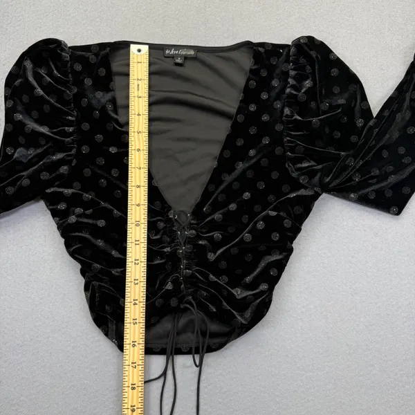 For Love & Lemons Black Velvet Polka Dot Ruched Lace Up Crop‎ Top CT1539-HO19 S - Image 5