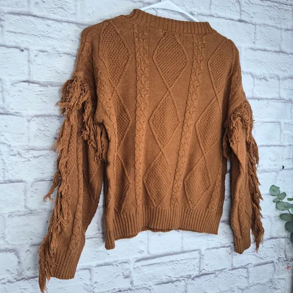 Pink Lily Fringe Sleeve Cable Knit Sweater Brown M Western Boho Fall Cowgirl Top - Image 6