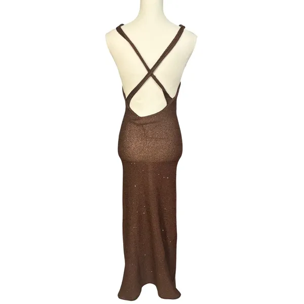 SOVERE Spark Dress in Coffee Medium New Womens Knit Crochet sequin Maxi Gown - Image 8