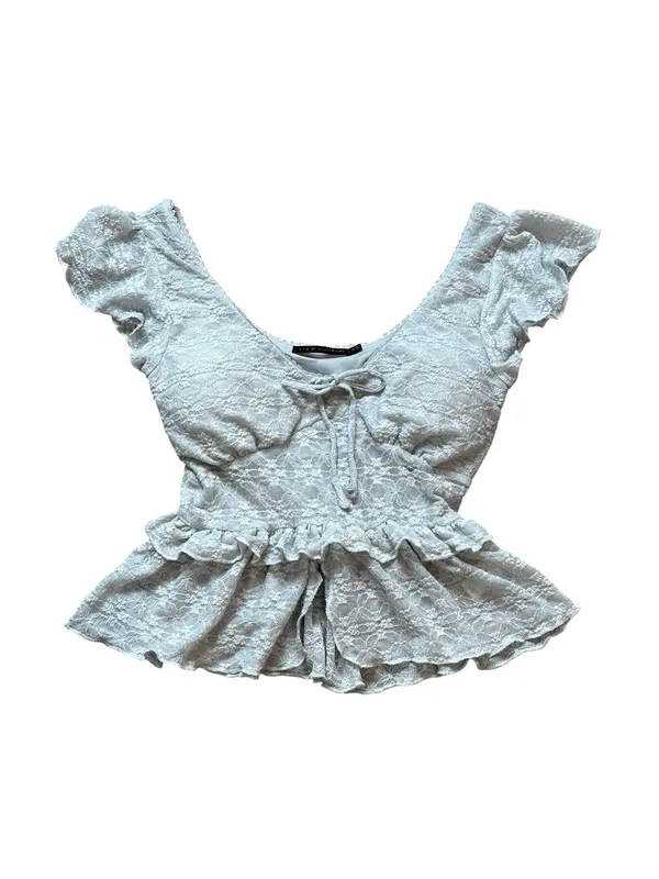 Gray Lace Babydoll Top Ruffles Bow Romantic Cottage Romantic Feminine - Image 4