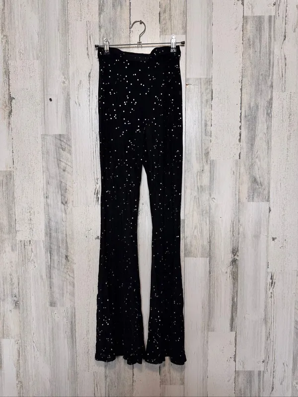 Pretty Little Thing Rhinestone Sheer Mesh Flare Pants Womens Small Black High Waist Bell Bottoms - Image 2