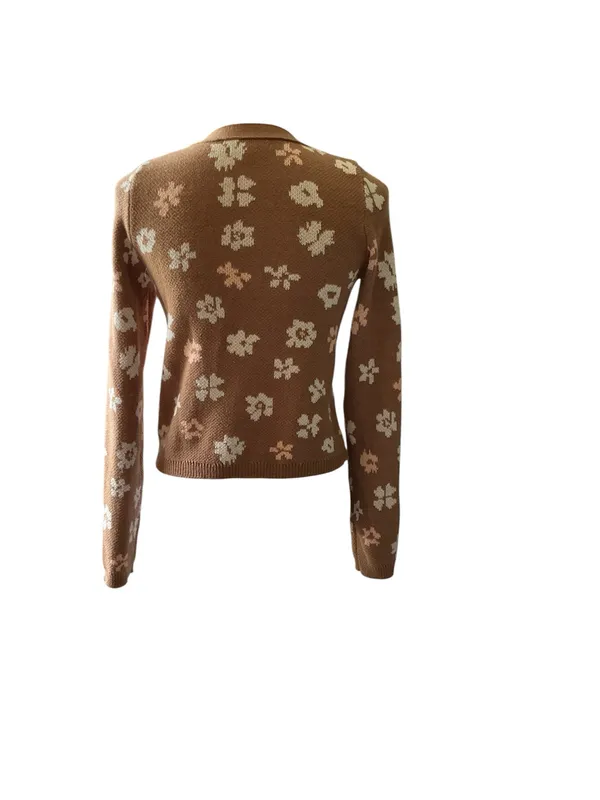 American Eagle Retro Floral Button-Up Crop Cardigan Tan Cream Soft S - Image 2